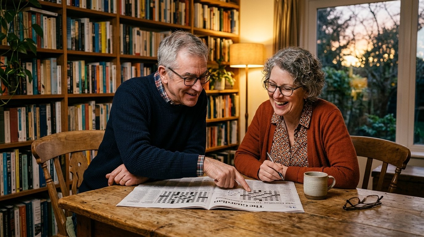 A couple in their late 50s doing a crossword puzzle together