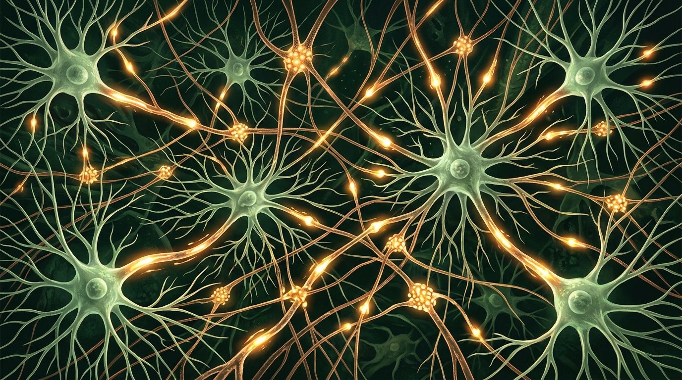 Editorial illustration of a luminous neural network firing at full capacity