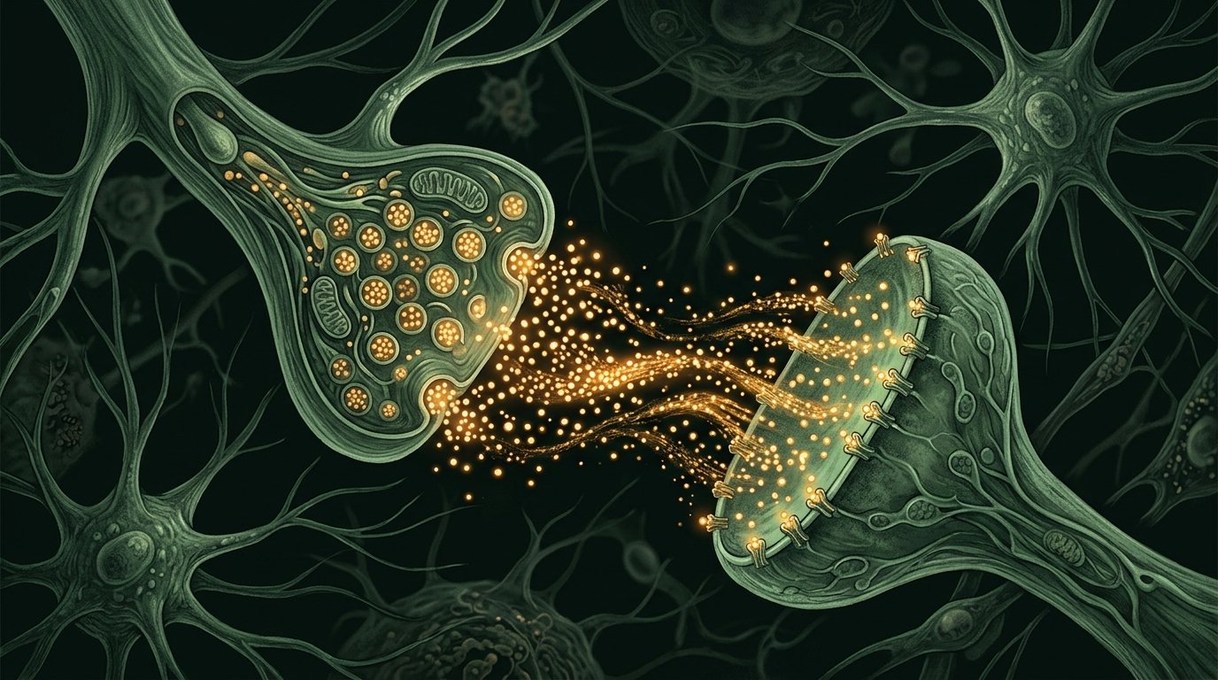 Scientific illustration of a synaptic connection between neurons